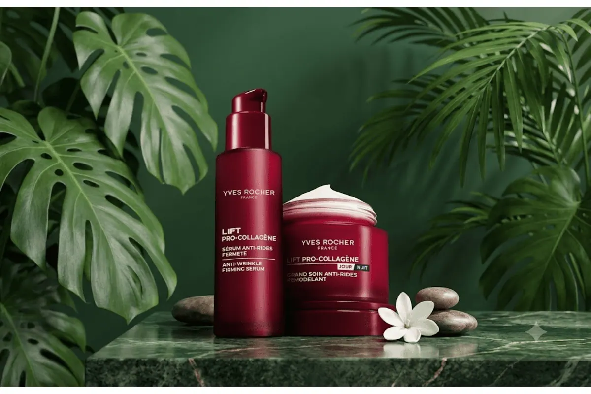 Yves Rocher Lift Pro-Collagène : sérum anti-rides fermeté et grand soin remodelant jour/nuit sur marbre vert et feuillage tropical