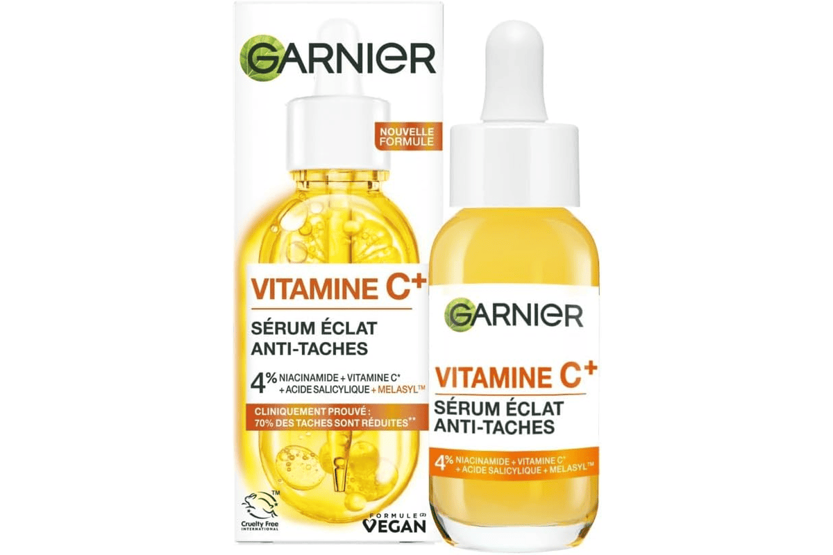 Garnier Skin Active Vitamine C Sérum Éclat Anti-Taches 4% niacinamide acide salicylique Melasyl vegan cruelty free