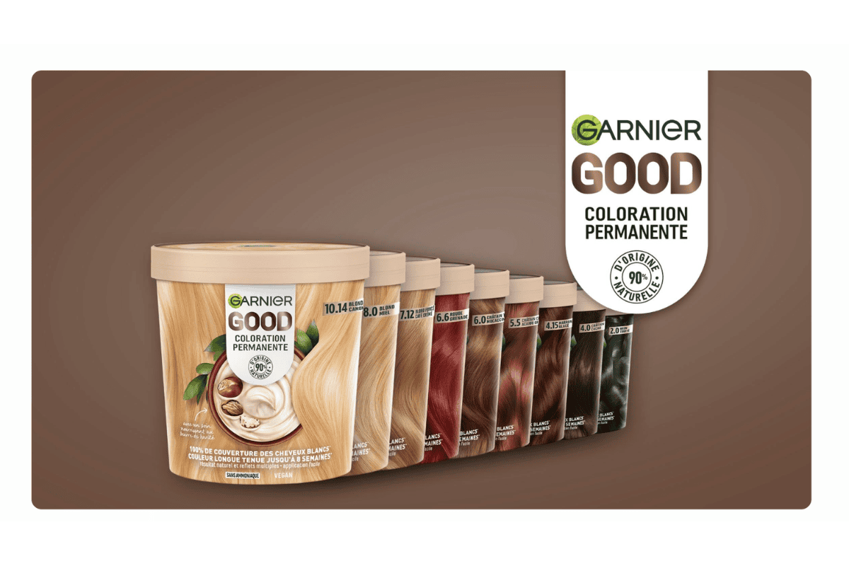 Garnier GOOD coloration permanente 90% origine naturelle sans ammoniaque gamme complète nuances blond miel rouge grenade châtain marron glacé noir naturel