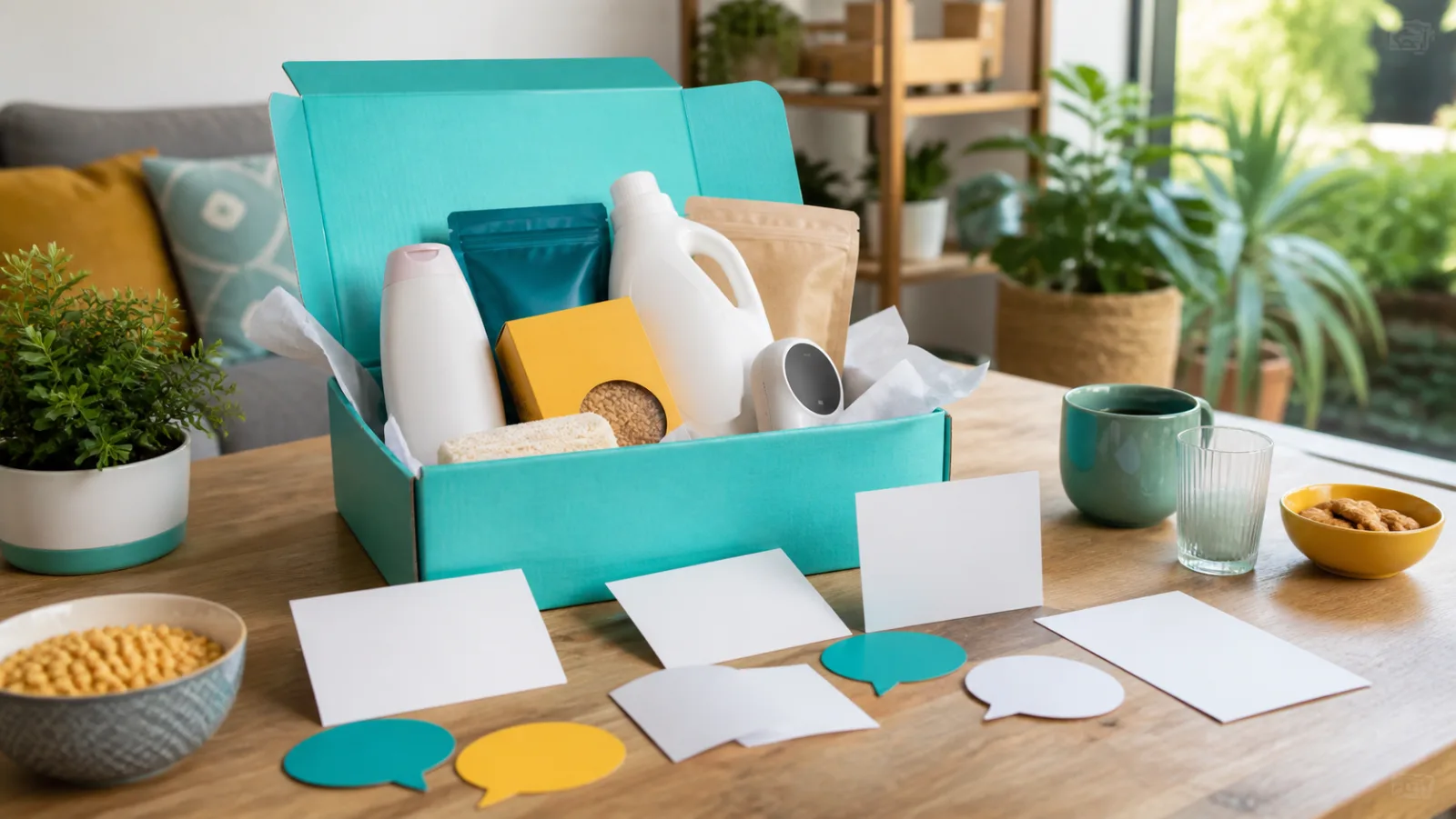 Colis turquoise de produits à tester entouré de cartes d’avis