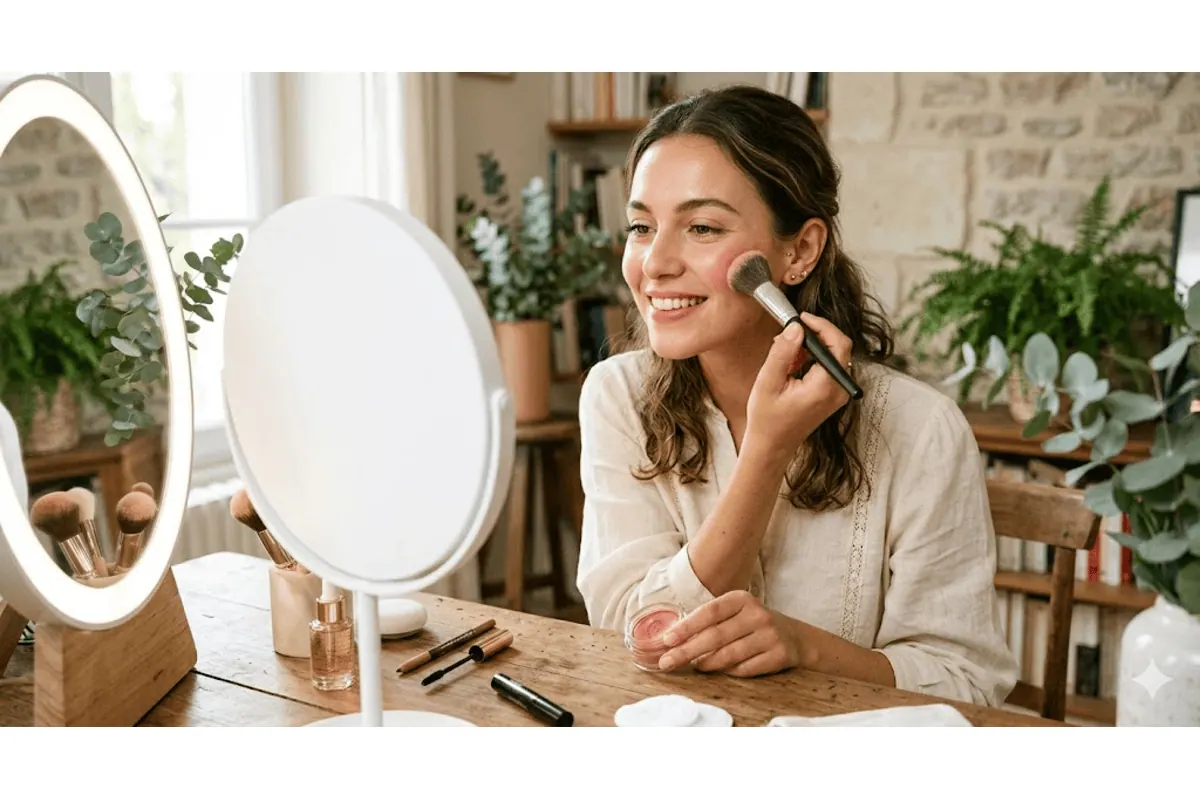 Femme sourit pose blush pinceau miroir rond LED maquillage naturel bonne mine décor cosy