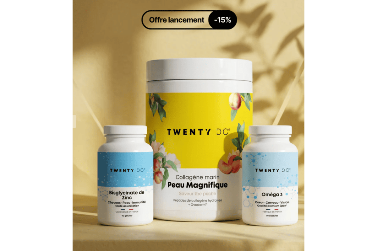 Twenty DC pack Routine beauté offre lancement -15% Collagène marin Peau Magnifique saveur thé pêche + Bisglycinate de Zinc + Oméga 3 made in France 54,99 € au lieu de 64,70 €