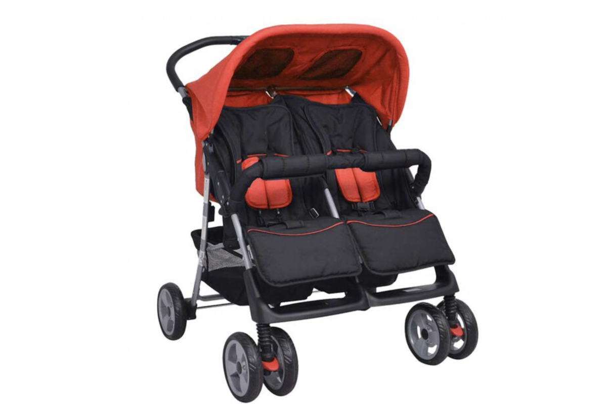 VidaXL poussette double jumeaux rouge et noir cadre acier 3 positions inclinaison
