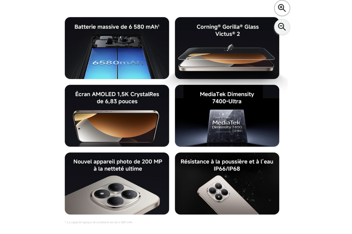 Caractéristiques du Redmi Note 15 Pro 5G : batterie 6580 mAh, Gorilla Glass Victus 2, écran AMOLED 1.5K, MediaTek Dimensity 7400, photo 200 MP, IP66/IP68