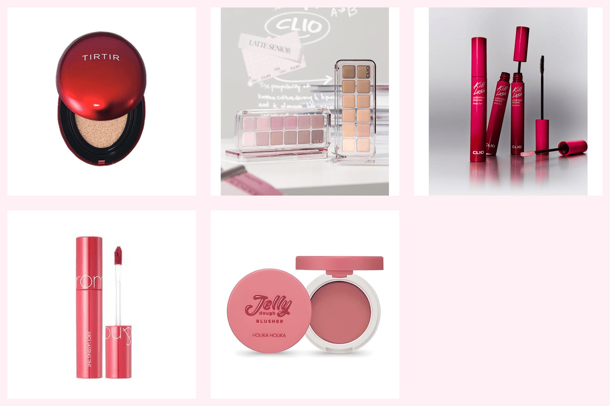 Maquillage coréen YesStyle 5 produits kit K-Beauty TIRTIR Mask Fit Red Cushion CLIO Pro Eye Palette Air Kill Lash Mascara romand Juicy Lasting Tint Holika Holika Jelly Dough Blusher grille rose 62 €