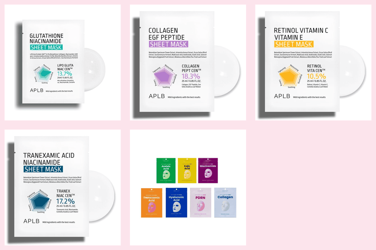 YesStyle masques en tissu K-Beauty à 0,85 € APLB Glutathione Niacinamide Collagen EGF Peptide Retinol Vitamine C E Tranexamic Acid NINELESS My Fit 7 types acides ciblés grille rose