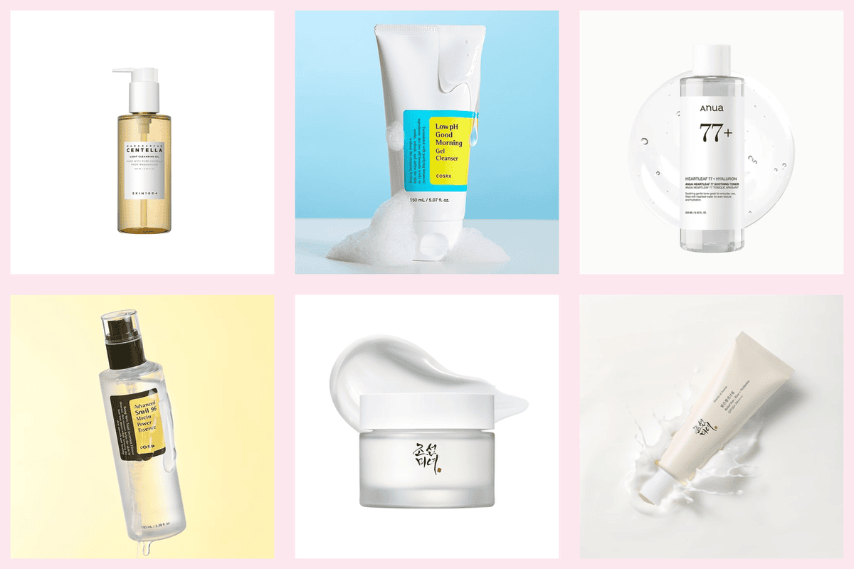 Routine Glass Skin coréenne YesStyle 6 produits K-Beauty best-sellers SKIN1004 Centella COSRX Low pH Anua Heartleaf 77 Toner COSRX Snail 96 Mucin Beauty of Joseon Dynasty Cream Relief Sun SPF50 grille rose 98 €